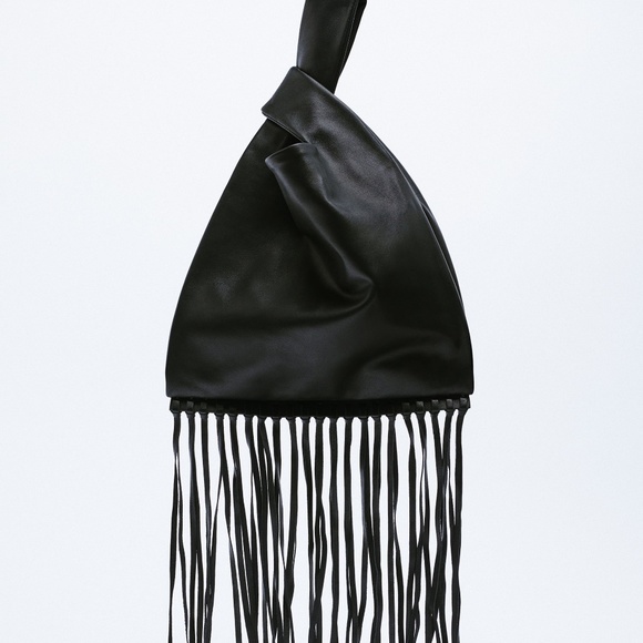 ZARA Fringed Leather Handbag Black BNWT - Picture 6 of 6